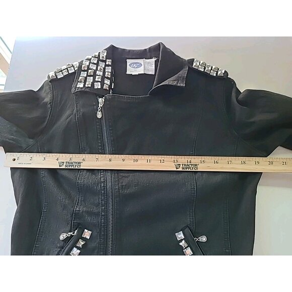 DG2 Moto Jacket M Black Denim Jean Rhinestone Trim Zippers Pockets Epaulets - Picture 13 of 16